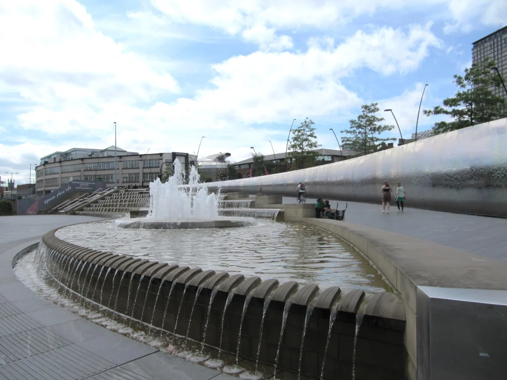 A picture of the water fountains outside Sheffield train station